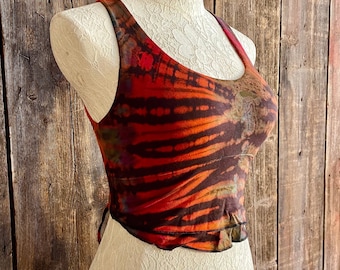 Hippie Tie Dye Lace Back Crop Top, Stretchy Yoga Top, Comfy Spandex Top, Adjustable tie Cropped Top, Boho Tie Dye Festival Top, Casual Top