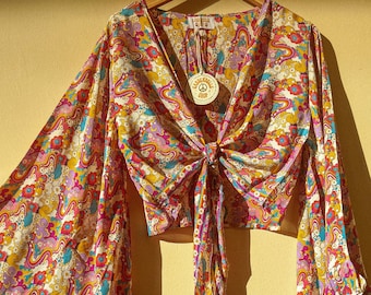 Psychedelic 3-way Bell Sleeve Tie Front Hippie Wrap Top, 70s Style Clothing, Soft Retro Eco Top, Flare Sleeve Aesthetic, Free Spirit Outfit
