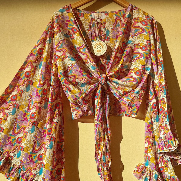 Psychedelic 3-way Bell Sleeve Tie Front Hippie Wrap Top, 70s Style Clothing, Silk Retro Eco Top, Flare Sleeve Aesthetic, Free Spirit Outfit