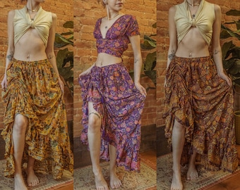 Falda Boho Goddess Maxi Ruffle Cinch, falda hippie fluida con abertura ajustable estilo gitano floral, boda estilo Boho XS-4X Plus tamaño hippie