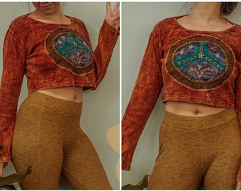 Peace Style Hippie Bohemian Patchwork Long Sleeve Crop Top, Patch Earthy Top