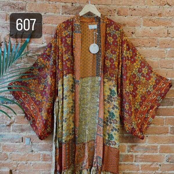 Goldene Stunde Hippie Boho Patchwork Seide Kimono, Recycling Seide Glockenärmel Boho Kleid, Robenkleid, Brautjungfer Robe, einzigartiges Geschenk