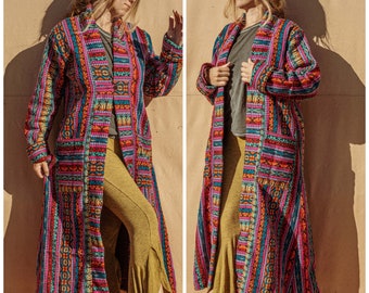 Hippie Bohemian Men’s Women’s Long Trench Coat, Psychedelic Woven Jacket, Long Warm Kimono Jacket, Unisex Tribal Jacket Duster