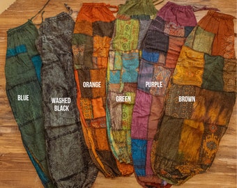 Joggers de algodón de patchwork hippie tailandés, ropa con cordón de patchwork, pantalones únicos, diseño boho, estilo de espíritu libre, pantalón hippie para mujer para hombre