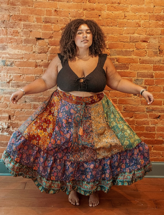 Hippie Boho Patchwork Skirt, Recycled Silk Eco-friendly Colorful