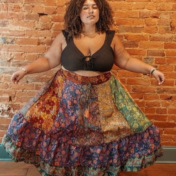 Hippie Boho Patchwork Skirt, Recycled Silk Eco-Friendly Colorful Skirt, plus size hippie skirt, bohemian patchwork, hippie style clothing