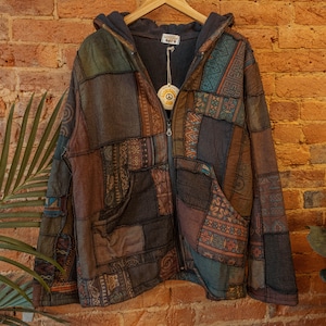 Men’s Women’s Unisex Hippie Patchwork Jacket, Recycled Fleece Lined Coat, Grunge Style Hippie Carhardtt Jacket, Boho Zip up hoodie