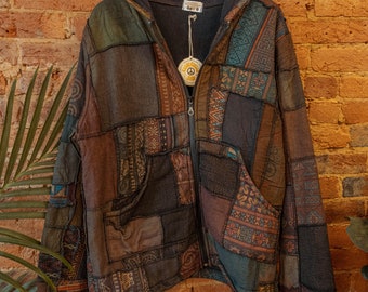 Chaqueta hippie patchwork unisex para hombre y mujer, abrigo forrado de vellón reciclado, chaqueta hippie Carhardtt estilo grunge, sudadera con capucha boho con cremallera