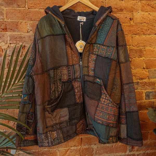 Men’s Women’s Unisex Hippie Patchwork Jacket, Recycled Fleece Lined Coat, Grunge Style Hippie Carhardtt Jacket, Boho Zip up hoodie