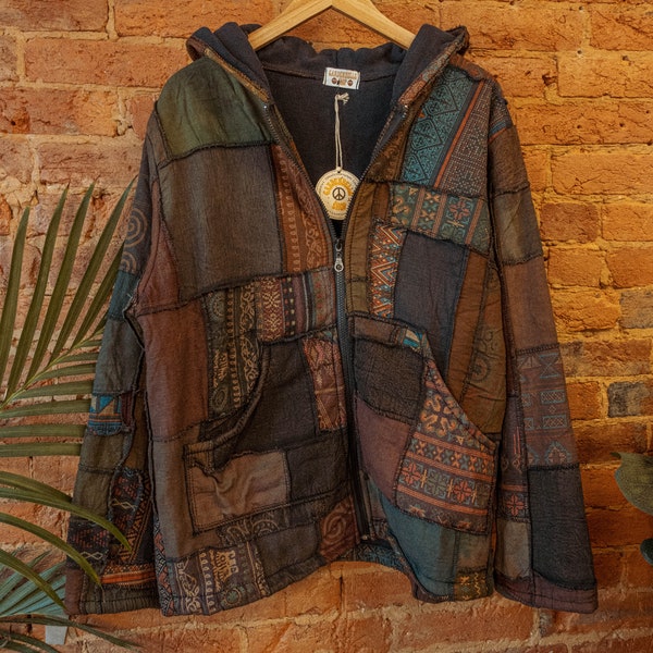 Veste patchwork hippie unisexe homme femme, manteau doublé en polaire recyclée, veste Carhardtt hippie style grunge, sweat à capuche bohème zippé