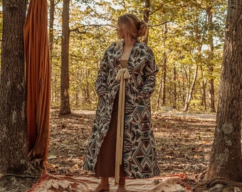 Hippie Bohemian Men's Women's Long Trench Coat, Psychedelic