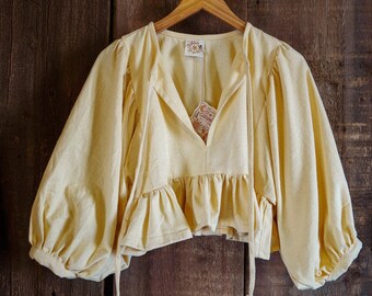 Cotton Slub Bubble Sleeve Crop Top, Boho Cottage Core Floaty Natural Fiber Blouse