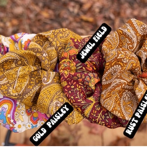 Recycled Silk Sari Boho Scrunchies, Bridesmaid Gift, Hair Scrunchies, Vegan Gift Handmade, 70s Hippie Pattern Scrunchies, Stocking Stuffer image 4