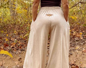 Organic Hemp Embroidered Moth Pants, Cozy Palazzo Pants Organic