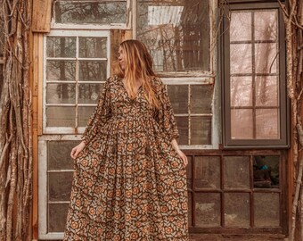 ORGANIC Cotton Hand Block Printed Boho Maxi Dress, Cottage