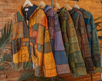 Men’s Women’s Earthy Unisex Hippie Patchwork Jacket, Recycled Fleece Lined Coat, Grunge Style Hippie Carhardtt Jacket, Boho Zip up hoodie