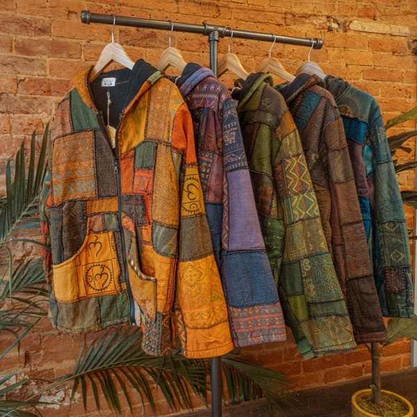 Men’s Women’s Earthy Unisex Hippie Patchwork Jacket, Recycled Fleece Lined Coat, Grunge Style Hippie Carhardtt Jacket, Boho Zip up hoodie