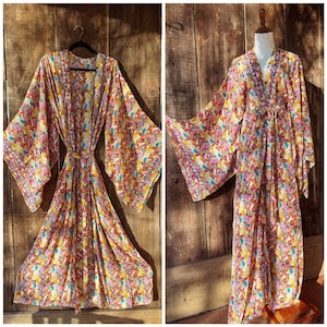 Psychedelic Kimono Robe, Bell Sleeve Silk Duster Cardigan, Flare Sleeve Hippie Boho Rainbow 70s Wrap Dress