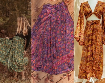 Hippie Boho Piece Outfit Wrap Skirt Top, XS-2X Retro Layered