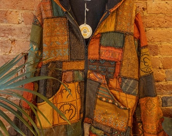 Herren Damen Unisex Hippie Patchwork Jacke, recycelter Fleece gefüttert Mantel, Grunge Style Hippie Carhardtt Jacke, Boho Zip up Hoodie