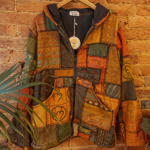 Men’s Women’s Unisex Hippie Patchwork Jacket, Recycled Fleece Lined Coat, Grunge Style Hippie Carhardtt Jacket, Boho Zip up hoodie