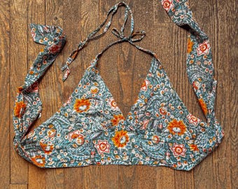 Organic Cotton Block Print Bralette, Boho Free Spirit Halter Top, Beachy Tie Bow Back Floral Bra Crop Top