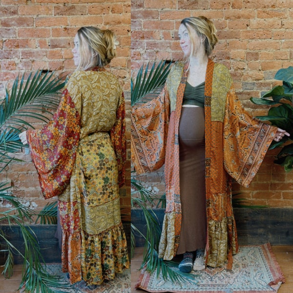 Golden Hour Hippie Bohemian Patchwork Silk Kimono, Recycled Silk Bell Sleeve Boho Dress, robe dress, bridesmaid robe, One of a Kind Gift