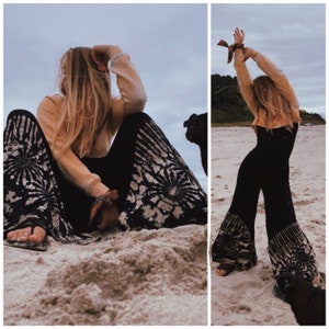 Wide Leg Hippie Boho Tie Dye Palazzo Pants S-2X Festival Bell Bottom Tan Flowy Trousers, Spandex Flare yoga pants