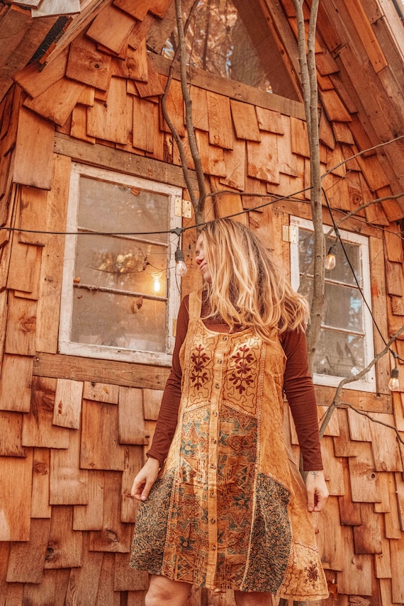 Bohemian Oversized Cottage Core Fall Button Down Dress, Patchwork
