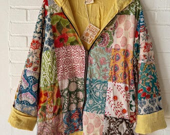Granny Patchwork Organic Cotton Reversible Jacket 2 Sided Bamboo Zip-Up Hoodie Upcycled Scrap Block Print Fabric, Vintage Cottage Core Style