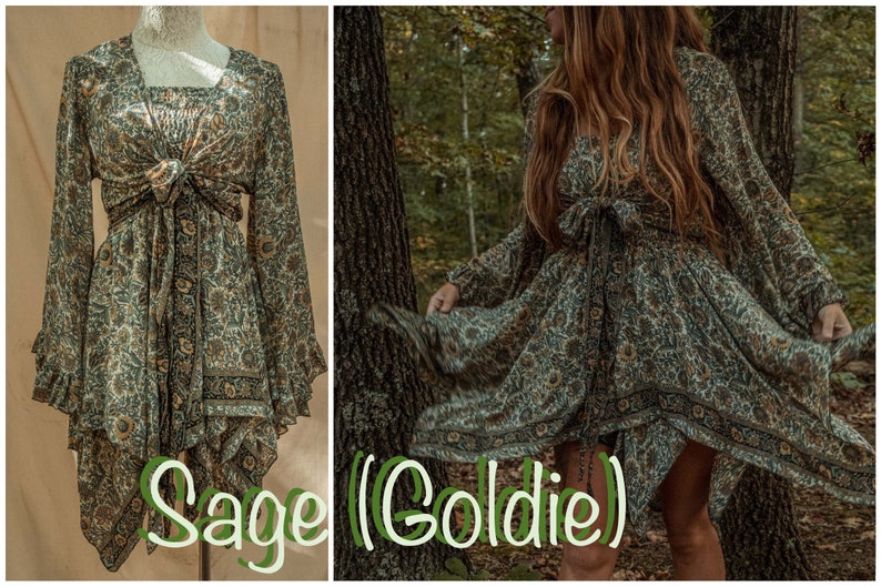 Hippie Boho 2 piece Dress Outfit Set, 70s Style Bell Sleeve Tie Top Butterfly Fairy Dress, Free Spirit 70s Costume XS-1X 2X 3X 4X zdjęcie 6