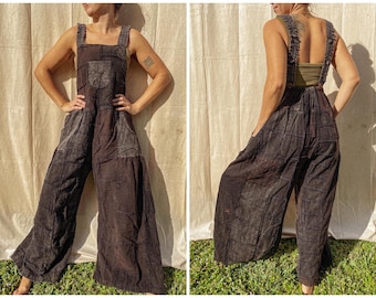 Hippie Cotton Patchwork Baggy Wide Leg Overalls Unisex, Festival Jumper Woodstock Harem Dungarees XS-1X Bohemian Spell Aesthetic