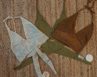 Bralette in cotone riciclato a rete Boho terroso, top reggiseno festival naturale, top hippie, abbigliamento stile Boho fatto a mano, bralette con cravatta posteriore