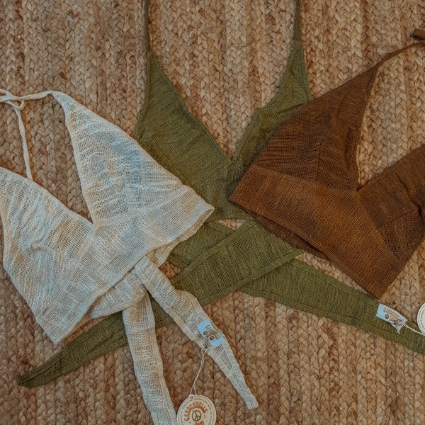 Brassière terreuse en coton recyclé en maille bohème, haut de soutien-gorge festival naturel, haut dos nu hippie, vêtements de style bohème faits main, brassière à nouer dans le dos