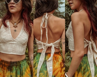 Jordnära bohemisk mesh-bralette i återvunnen bomull, naturlig festival-bh-topp, hippiehalternecktopp, handgjorda bohemiska kläder, bralette med knytning