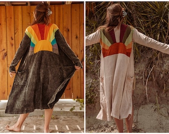 Cardigan kimono hippie bohème patchwork soleil arc-en-ciel Pride Duster, veste terreux soleil, pull festival coloré