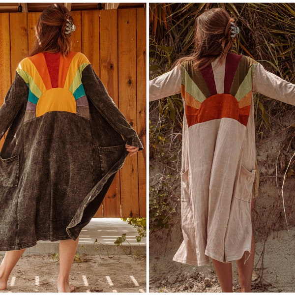 Hippie Bohemian Patchwork Sun Rainbow Pride Duster Kimono Cardigan, Earthy Sun Jacket, Colorful Festival Sweater