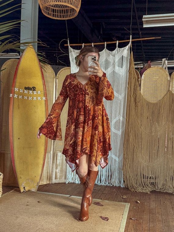 flared sleeve shift dress Hippie Boho Patchwork Print Handmade Bell Sleeve Shift Dress, Flowy Free Spirit Fall Dress, Floral Long Sleeve Dress, Retro Style 70s XS-3X
