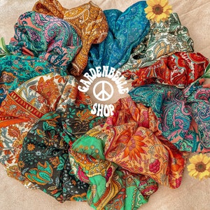 Recycled Silk Sari Boho Scrunchies, Bridesmaid Gift, Silk Hair Scrunchies, Vegan Gift Handmade, Hippie Pattern Scrunchies, Stocking Stuffer