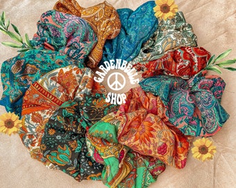 Recycled Silk Sari Boho Scrunchies, Bridesmaid Gift, Silk Hair Scrunchies, Vegan Gift Handmade, Hippie Pattern Scrunchies, Stocking Stuffer