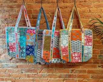 Beachy Boho Soft Large Patchwork Tote Bag, Colorful Hand Block Printed Bohemian Cottage Core Hippie Chic Quilt Diaper Bag School College Bag