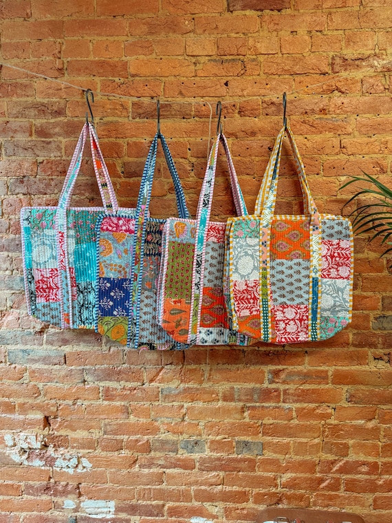 Beachy Boho Soft Large Patchwork Tote Bag, Colorful Hand Block Printed Bohemian Cottage Core Hippie Chic Quilt Diaper Bag School College Bag