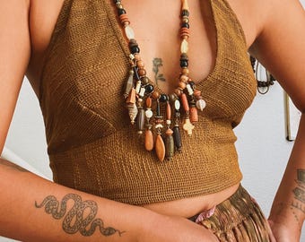 Jordnära bohemisk mesh-bralette i återvunnen bomull, naturlig festival-bh-topp, hippiehalternecktopp, handgjorda bohemiska kläder, bralette med knytning