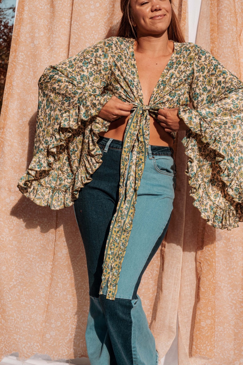 3-way Bell Sleeve Tie Front Hippie Boho Wrap Top, 70s Style Clothing, Vintage Silk Retro Eco Top, Flare Sleeve Aesthetic, Free Spirit Style Jayden Green