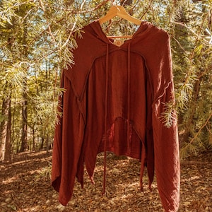 Boho Organic Cotton Bamboo Beachy Witchy Hoodie, Bohemian Grunge Crop Hoodie Top Muslin Sweatshirt, Whimsigoth Cottage Core Bell Sleeve Top