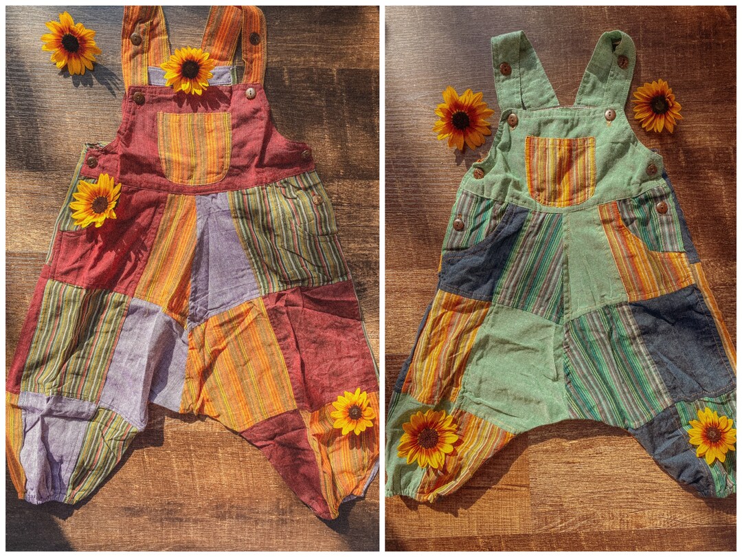 Kids Hippie Boho Dungaree Overalls, Woodstock Patchwork Jumper