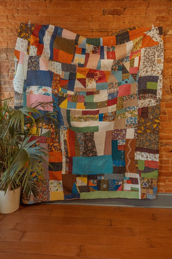 Vintage XXL Hand Patchwork Reversible Kantha Quilt, Blanket, Wall Hanging, One of a kind