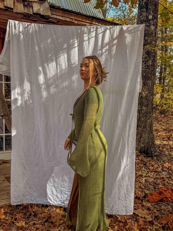 open-knit bell-sleeve sweater dress Certified Organic Cotton Open Knit Mesh Net Duster, Stretchy Organic Long Boho Style Duster, Long Cardigan, Bell Sleeve Style-Color-Dim:MD1E210073_AA986_M