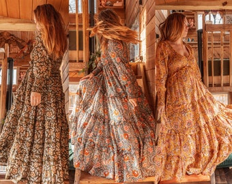 Boho Floral Hand Block bedruckten Maxi Kleid, Mutterschaft Foto-Shooting Kleid, leichte Baumwolle langes Kleid, Frühling Langarm Kleid