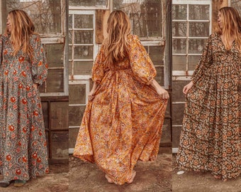 Handblock Gedrucktes Boho Maxikleid, Cottage Core Mutterschaftskleid mit Blumenmuster, Leichtes Baumwollkleid im Boho-Stil, langes Kleid im Hippie-Stil